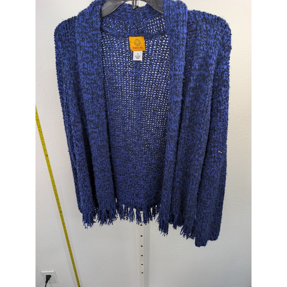 Ruby Rd Womens Blue Black Marled Knit Fringe Open Front Cardigan Sweater S